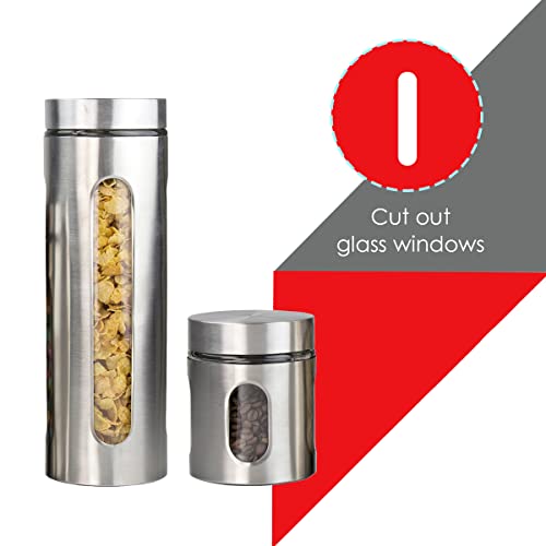 Kitchen Canisters By Home Basics | Retro-Styled For Kitchen Counter | Stainless Steel and Glass | With See-Through Windows (Silver), 4 Pieces, For Flour, Coffee, Sugar, and Dry Ingredients