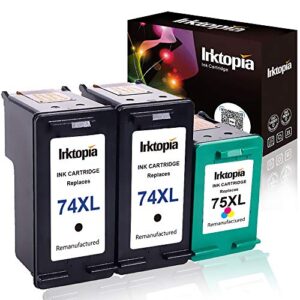 inktopia remanufactured ink cartridge replacement for hp 74xl 74 xl cb336wn and hp 75xl 75 xl cb338wn (2 black and 1 tri color) for hp photosmart series printer