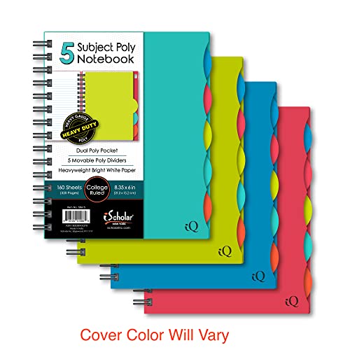 iScholar 5 Subject Poly Cover Double Wire Notebook, 8.35 x 6 Inches, Cover Color May Vary (58615)160 Sheets , Assorted