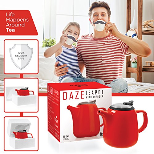 Tealyra - Daze Ceramic Teapot in Red - 27-ounce (2-3 cups) - Small Stylish Ceramic Teapot with Stainless Steel Lid and Extra-Fine Infuser To Brew Loose Leaf Tea