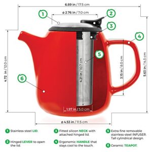 Tealyra - Daze Ceramic Teapot in Red - 27-ounce (2-3 cups) - Small Stylish Ceramic Teapot with Stainless Steel Lid and Extra-Fine Infuser To Brew Loose Leaf Tea