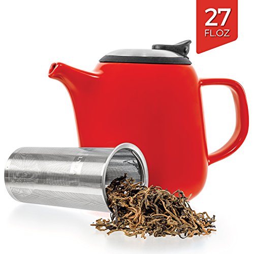 Tealyra - Daze Ceramic Teapot in Red - 27-ounce (2-3 cups) - Small Stylish Ceramic Teapot with Stainless Steel Lid and Extra-Fine Infuser To Brew Loose Leaf Tea