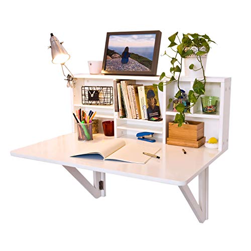 Haotian FWT07-W,White Folding Wooden Wall-Mounted Drop-Leaf Table Desk Integrated with Storage Shelves