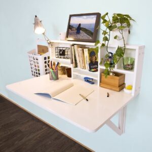 Haotian FWT07-W,White Folding Wooden Wall-Mounted Drop-Leaf Table Desk Integrated with Storage Shelves