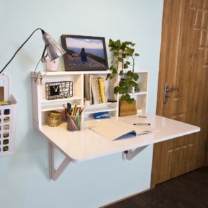 Haotian FWT07-W,White Folding Wooden Wall-Mounted Drop-Leaf Table Desk Integrated with Storage Shelves