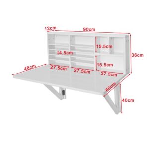 Haotian FWT07-W,White Folding Wooden Wall-Mounted Drop-Leaf Table Desk Integrated with Storage Shelves