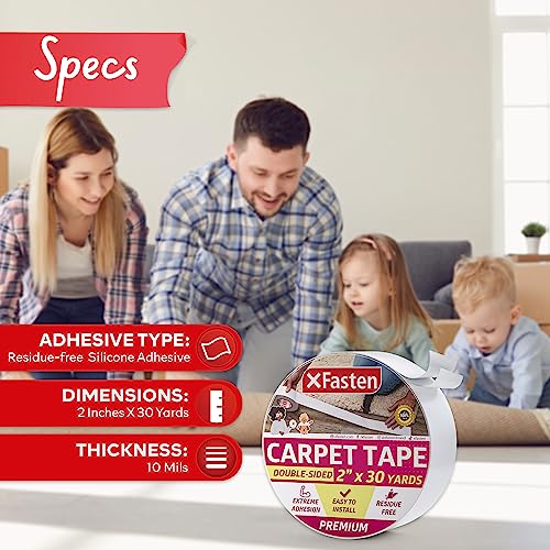 XFasten Double Sided Carpet Tape - Heavy Duty 2” x 30 yds Residue-Free Carpet Tape for Area Rugs Over Carpet, Keep Rug in Place, Rug Tape Hardwood Floor, Anti Slip Double Sided Rug Tape for Carpet