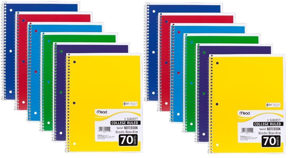 Mead Spiral Notebook, College Ruled, 1 Subject, 70 Sheets, 7.5" x 10.5", Assorted Colors, 24 Pack