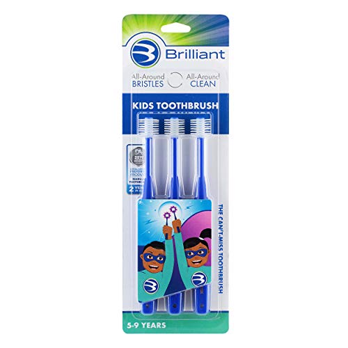 Brilliant Kids Toothbrush, For Kids Ages 5-9 Years Old, Round Brush Head -Soft Bristles, Royal Blue, 3 Count