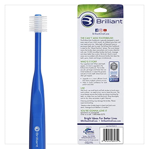 Brilliant Kids Toothbrush, For Kids Ages 5-9 Years Old, Round Brush Head -Soft Bristles, Royal Blue, 3 Count