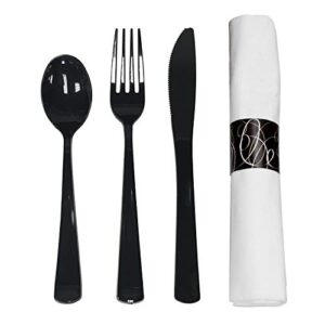 Party Essentials - N501732 Extra Heavy Duty Cutlery Kit with Black Fork/Knife/Spoon and 3-Ply White Napkin (Case of 300 rolls)