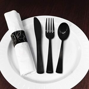 Party Essentials - N501732 Extra Heavy Duty Cutlery Kit with Black Fork/Knife/Spoon and 3-Ply White Napkin (Case of 300 rolls)