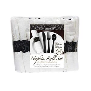 Party Essentials - N501732 Extra Heavy Duty Cutlery Kit with Black Fork/Knife/Spoon and 3-Ply White Napkin (Case of 300 rolls)