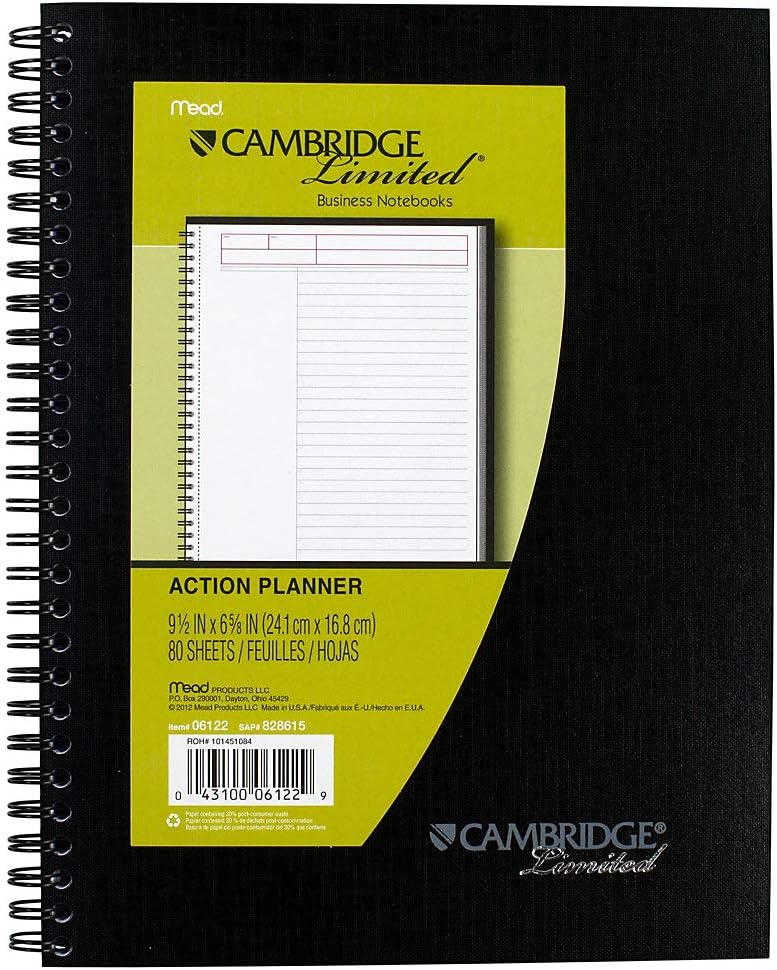 Cambridge 06122 Action Planner Side Bound Business Notebook, 7 1/2 x 9 1/2, Black, 80 Sheets