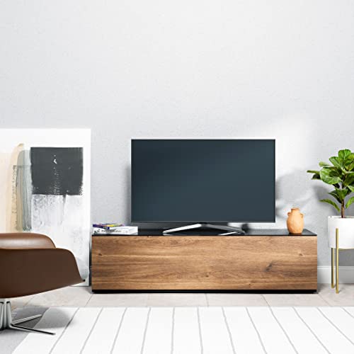 SONOROUS ST-160 Premium TV Stand for Living Room - Luxury Wood & Glass TV Console with 6 Shelves - Modern TV & Media Furniture with Hidden Wheels - Black TV Table Support up to 75" - Walnut Wood Cover