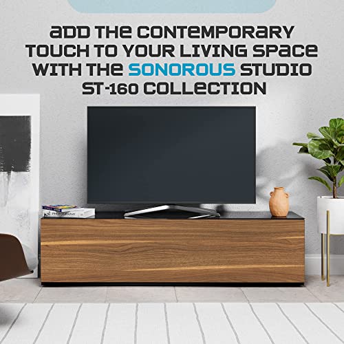 SONOROUS ST-160 Premium TV Stand for Living Room - Luxury Wood & Glass TV Console with 6 Shelves - Modern TV & Media Furniture with Hidden Wheels - Black TV Table Support up to 75" - Walnut Wood Cover