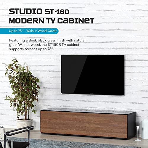 SONOROUS ST-160 Premium TV Stand for Living Room - Luxury Wood & Glass TV Console with 6 Shelves - Modern TV & Media Furniture with Hidden Wheels - Black TV Table Support up to 75" - Walnut Wood Cover