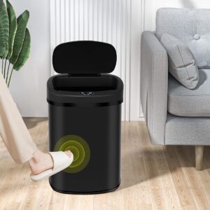 automatic touchless trash can touch free kitchen trash bin stainless steel garbage can with lid soft close waste bin for kitchen living room office bathroom, 13 gallon 50l, black