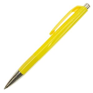 caran dache ballpoint pen, lemon yellow, with swissride blue medium cartridge