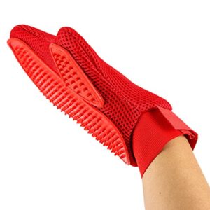 Petroad 2 in 1 Pet Grooming Gloves Grooming Mitt Deshedding Brush with Rubber Tips for Massage, Red