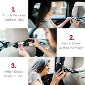 Macally Car Headrest Mount - Road Trip Essentials for Kids - Back Seat Tablet Holder for Car, Compatible with iPad Pro / Air / Mini, Nintendo Switch, Phones with Dual Positions and 360° Rotation