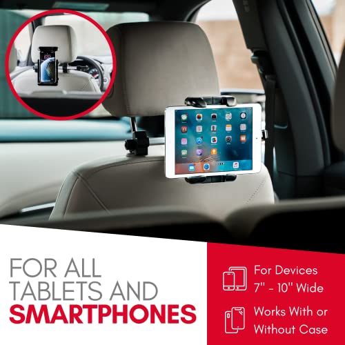 Macally Car Headrest Mount - Road Trip Essentials for Kids - Back Seat Tablet Holder for Car, Compatible with iPad Pro / Air / Mini, Nintendo Switch, Phones with Dual Positions and 360° Rotation