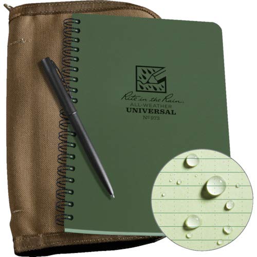 Rite In The Rain Weatherproof Side Spiral Kit: Tan CORDURA® Fabric Cover, 4.625" x 7" Green Notebook, and Weatherproof Pen (No. 973-KIT), 8.5 x 5.5 x 0.625