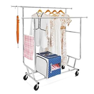 yaheetech commercial clothing garment rack, heavy duty double rail clothes rack, rolling collapsible rack hanger holder, extendable clothes hanging rack, silver