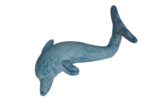 Hampton Nautical Decorative Cast Iron Dolphin Hook, 7", Light Blue Whitewashed