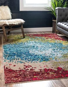 unique loom estrella collection colorful, gradient, abstract, vintage, distressed area rug, 5 ft x 8 ft, blue/beige