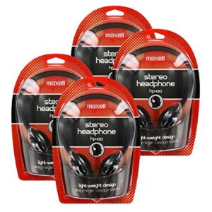 maxell hp-100 portable stereo headphones, lightweight, black, pack of 4