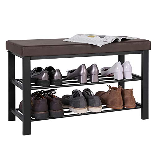 SONGMICS Shoe Bench, 3-Tier Shoe Rack for Entryway, Storage Organizer with Foam Padded Seat, Faux Leather, Metal Frame, for Living Room, Hallway, 12.2 x 31.9 x 19.3 Inches, Brown ULBS58Z