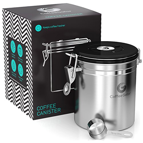 Coffee Gator Coffee Canister, Stainless Steel Airtight Coffee Containers for Ground Coffee with Date-Tracker, CO2-Release Valve, Measuring Scoop & Travel Jar - Medium, 16 oz, Silver