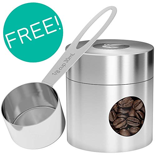 Coffee Gator Coffee Canister, Stainless Steel Airtight Coffee Containers for Ground Coffee with Date-Tracker, CO2-Release Valve, Measuring Scoop & Travel Jar - Medium, 16 oz, Silver