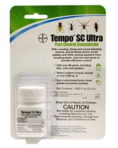 tempo sc ultra 32ml bottle kills over 60 pest, including flies, ants and spiders. makes 2 gallons of spray enough to treat 2,ooo sqft. use in and around barns, horse stables, and animal quarters