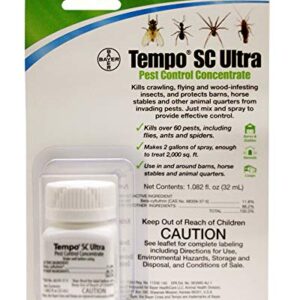 Tempo SC Ultra 32ml bottle Kills over 60 pest, including flies, ants and spiders. Makes 2 gallons of spray enough to treat 2,ooo sqft. Use in and around barns, horse stables, and animal quarters