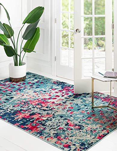 Unique Loom Jardin Collection Colorful, Vibrant, Abstract, Modern Area Rug, 4 x 6 ft, Blue/Pink