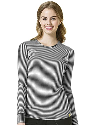 WonderWink Women's Striped Long Sleeve Tee, Pewter/White, Medium