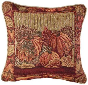 violet linen incorporated fall harvest collection-tapestry pumpkins and autumn leaves design throw-pillows, 18" x 18"
