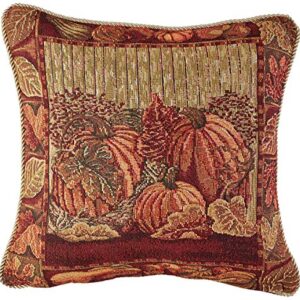 Violet Linen Incorporated Fall Harvest Collection-Tapestry Pumpkins and Autumn Leaves Design Throw-Pillows, 18" X 18"