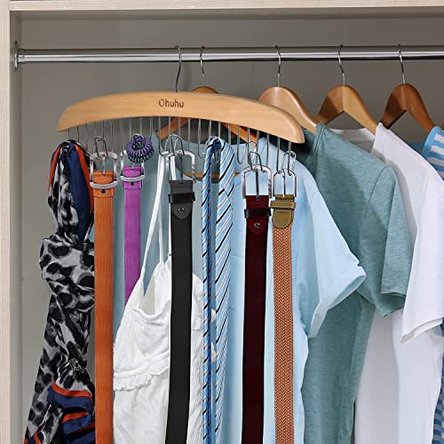 Belt Hanger Organizer for Closet, Ohuhu Wooden 12 Hooks Belt Rack Tie Holder for Storage, 360 Degree Rotating Belt Display Space Saver for Men Women Belt Tie Scarf Tank Top Accessories