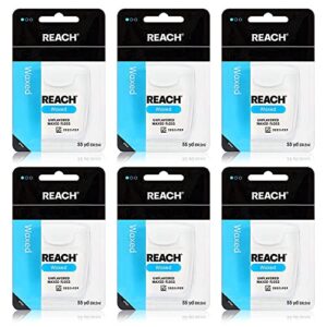 reach waxed dental floss bundle | effective plaque removal, extra wide cleaning surface | shred resistance & tension, slides smoothly & easily, pfas free | unflavored, 55 yd, 6pk