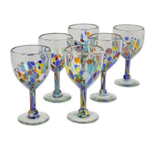 novica hand blown multicolor recycled glass wine glasses, 8 oz. 'confetti festival' (set of 6)