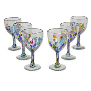 NOVICA Hand Blown Multicolor Recycled Glass Wine Glasses, 8 Oz. 'Confetti Festival' (Set Of 6)