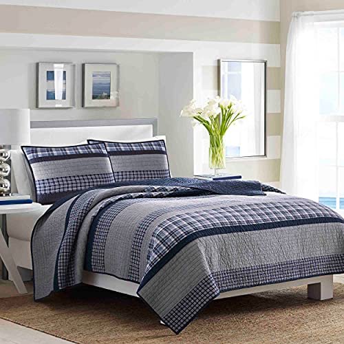 Nautica Home | Adleson Collection | 100% Cotton Quilted Accent Standard Sham, Envelope Closure, Pre-Washed for Added Softness, Easy Care Machine Washable, 20" x 26", Blue/Grey