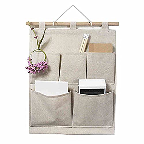 KINGREE Over The Door Magazine Storage Pockets, Wall Door Closet Hanging Storage Bag Organizer, (5 Pockets-Nature)