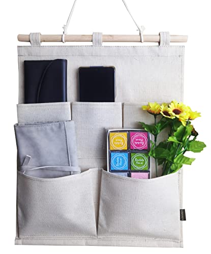 KINGREE Over The Door Magazine Storage Pockets, Wall Door Closet Hanging Storage Bag Organizer, (5 Pockets-Nature)