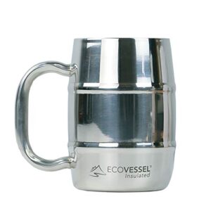 ecovessel double barrel mug insulated travel coffee cup with lid & wide grip handle stainless steel beer stein, travel whiskey glass, country travel mug or a moscow mule tumbler cup