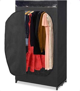 whitmor portable wardrobe clothes closet storage organizer with hanging rack - black color - no-tool assembly - see through window - washable fabric cover - extra strong & durable - 19.75 x 36 x 64”