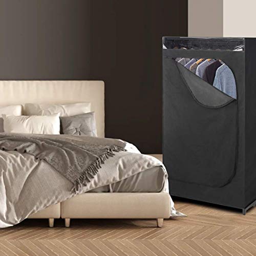 Whitmor Portable Wardrobe Clothes Closet Storage Organizer with Hanging Rack - Black Color - No-tool Assembly - See Through Window - Washable Fabric Cover - Extra Strong & Durable - 19.75 x 36 x 64”